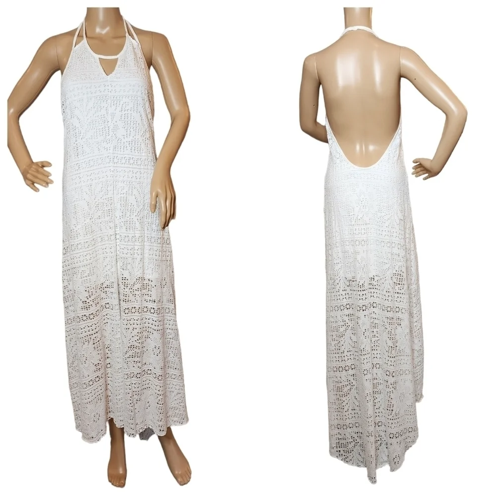 Free People Beach White Crochet Lace Knit Halter Maxi Dress Beachy‎ Boho Small